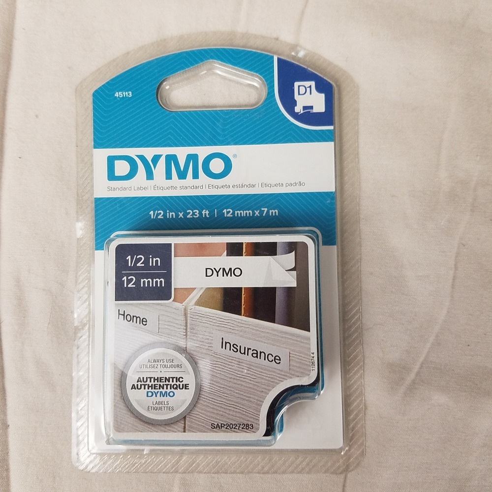 DYMO‎ D1 Label Tape Unisex 1/2" x 23' White/Black NEW 45113 Standard Cartridge